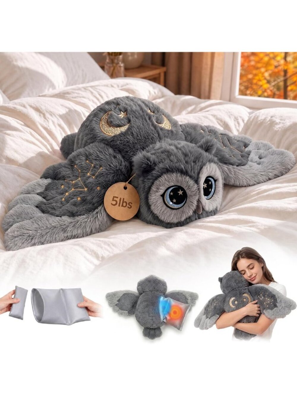 Heatable & Coolable Weighted Owl Plush Stuffed Animal, 23in, 2-5lbs Comfort Toy